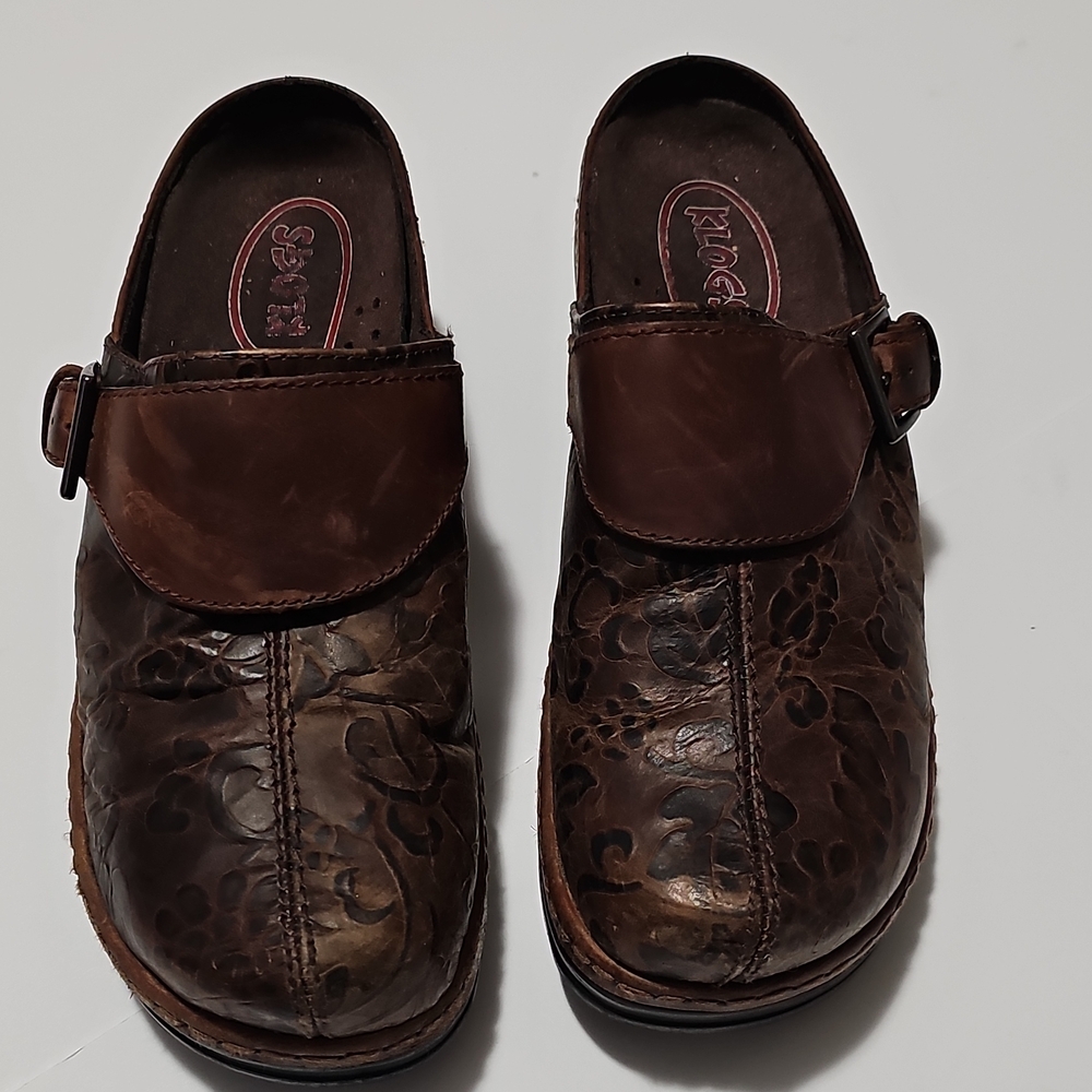 Klogs Brown Floral Embossed Leather Clogs with Buckle Strap